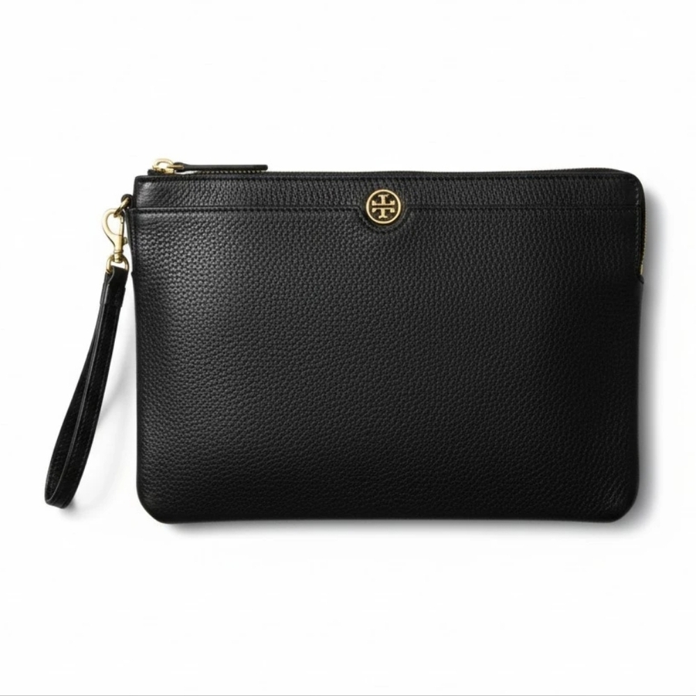 Tory Burch Emerson XL Zip Top Pouch Pebbled Leather Wristlet Clutch